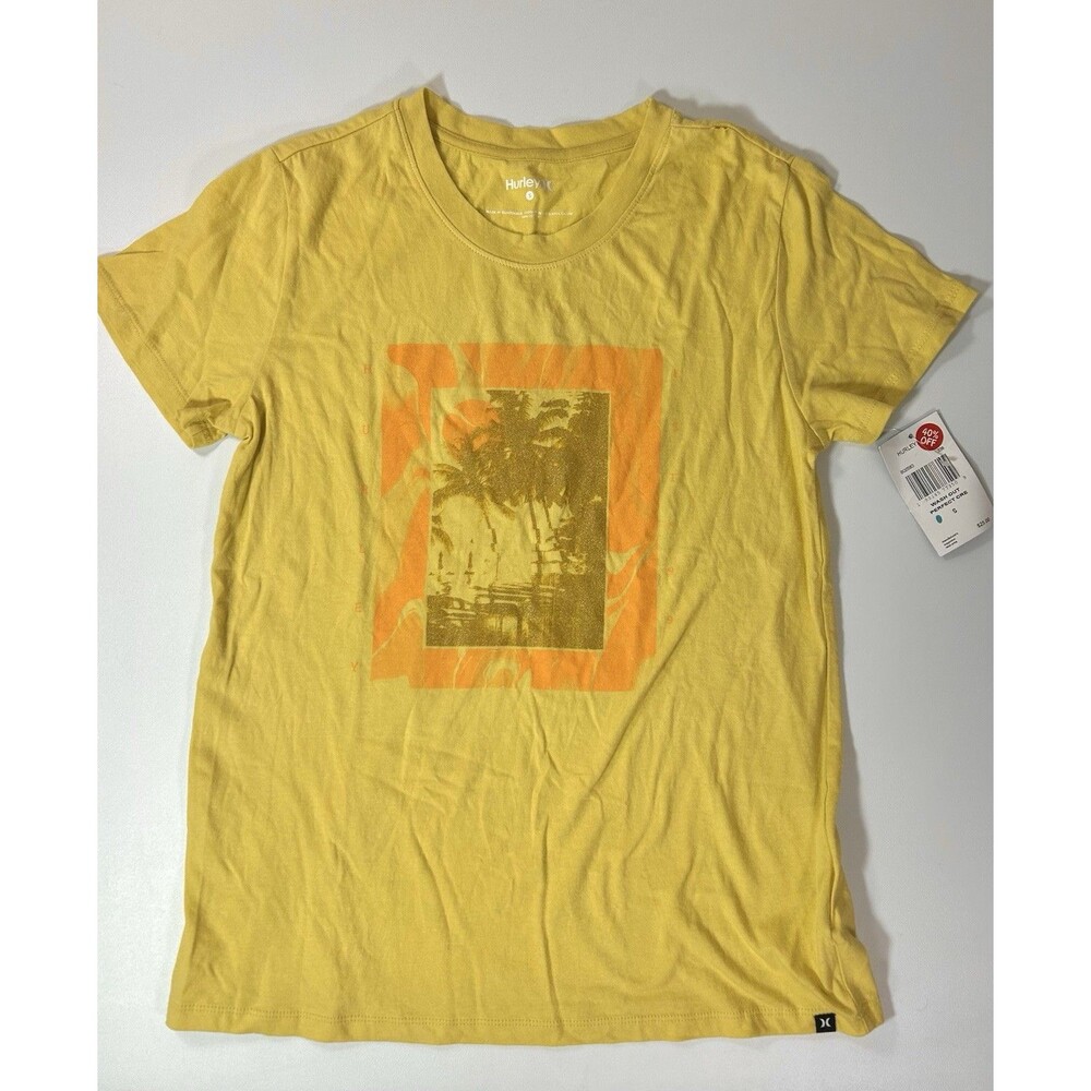 NWT Hurley Small Wash Out Yellow Crew Graphic Beach Surf Shirt